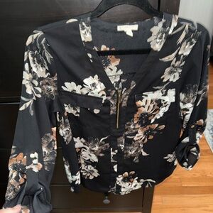 Black, Brown and Cream Zipper Blouse with Mandarin Collar